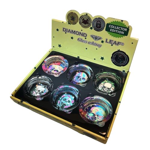 DIAMOND LEAF GLASS ASHTRAY SKULL PRINTED BOX/6